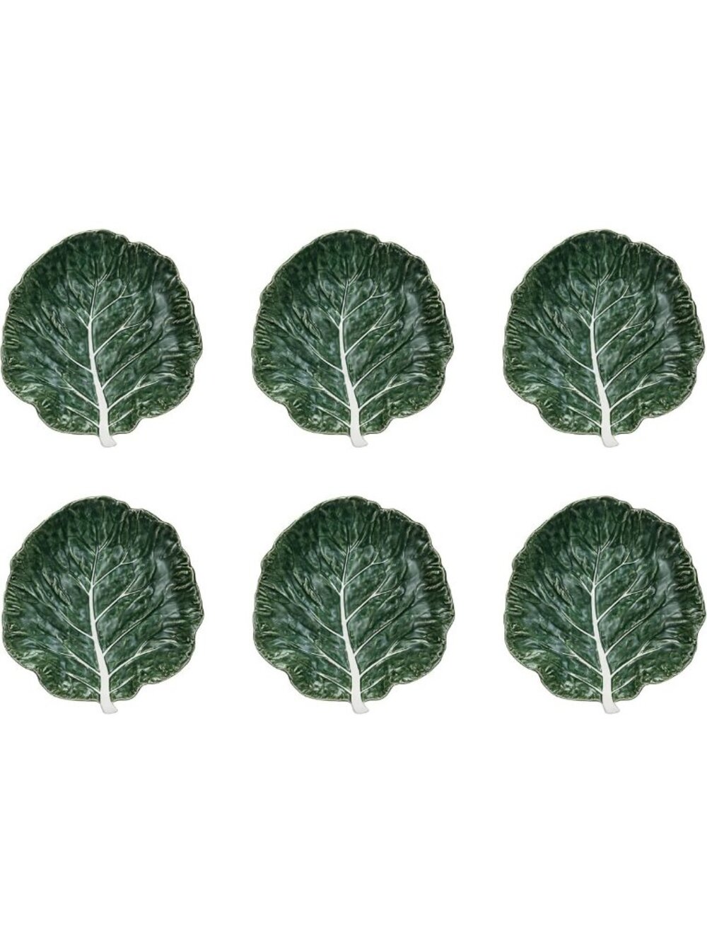 Hand-Painted Green Stoneware Cabbage Plates, Set of 6, Embossed Design, Unique